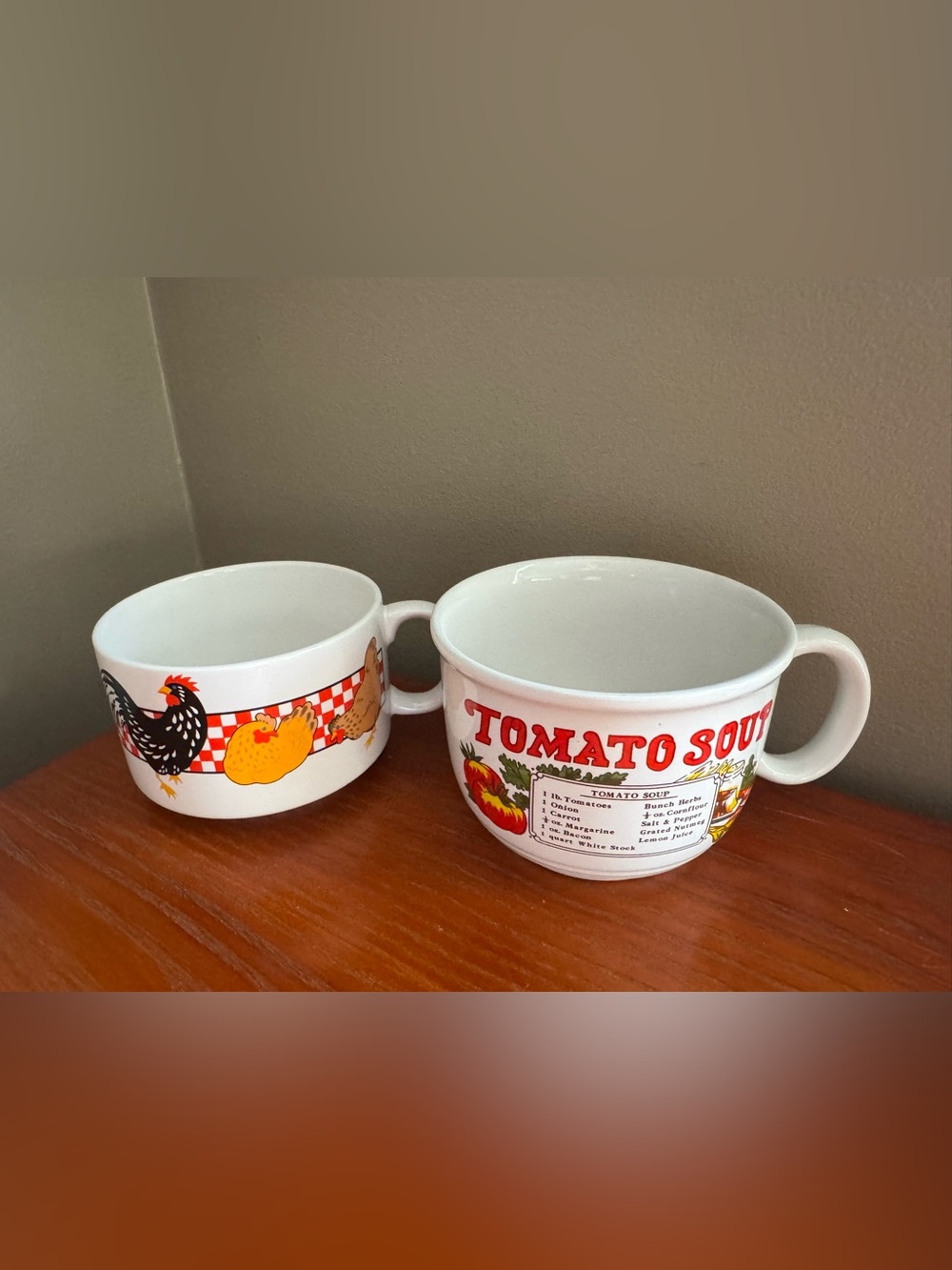 2 Vintage Soup Mugs Ceramic - Tomato Soup, Chicken Mug